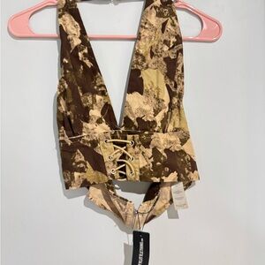 PrettyLittleThing Brown Camo Lace-Up Halter Top